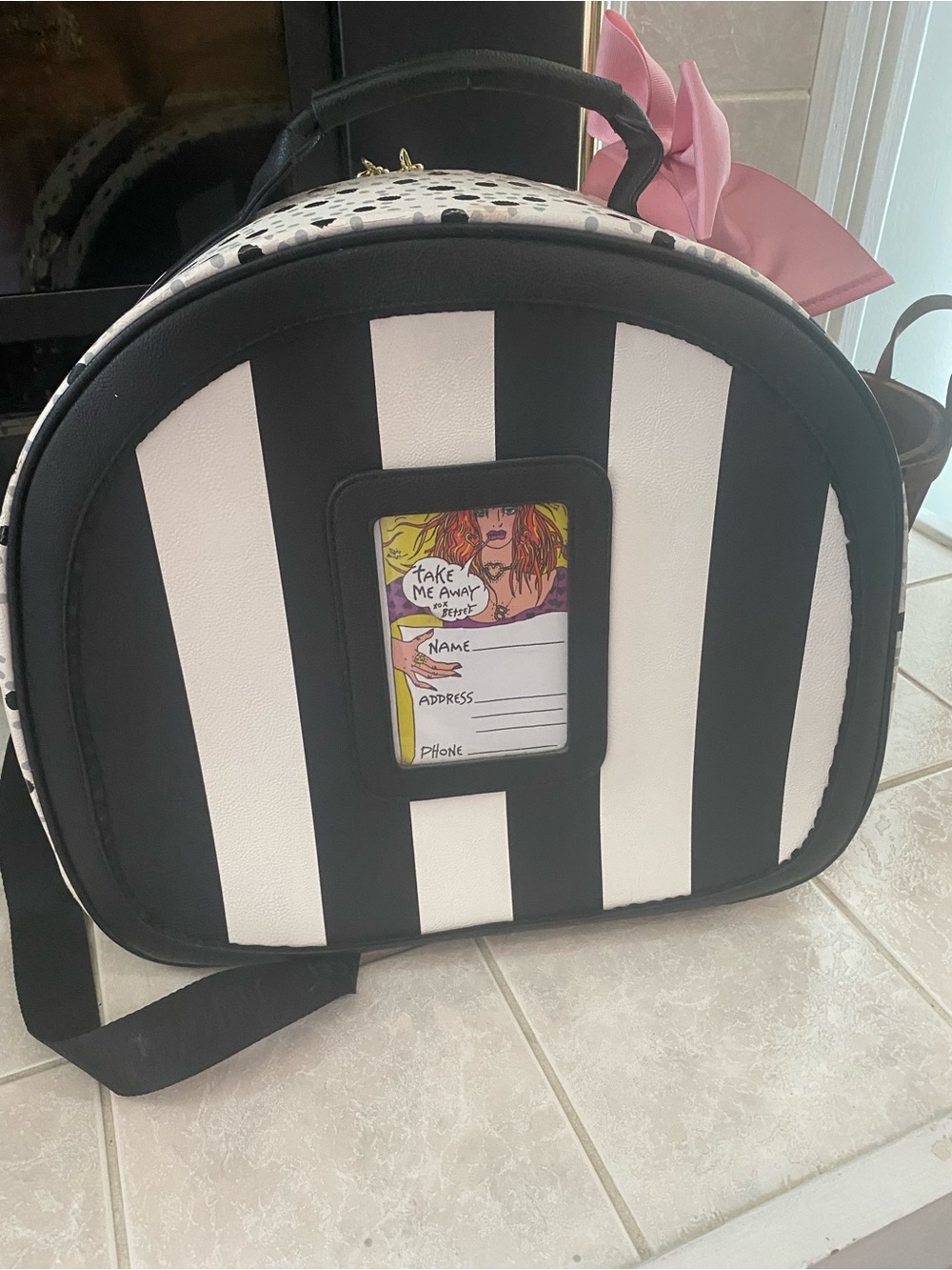 Betsey Johnson Black & White Stripe Dome Travel Bag with Pink Floral Accents - Picture 6 of 9